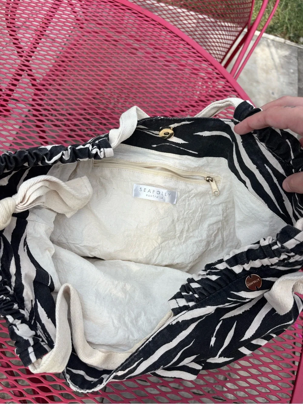 Seafolly Zebra Print Drawstring Tote Beach Bag - Black & White